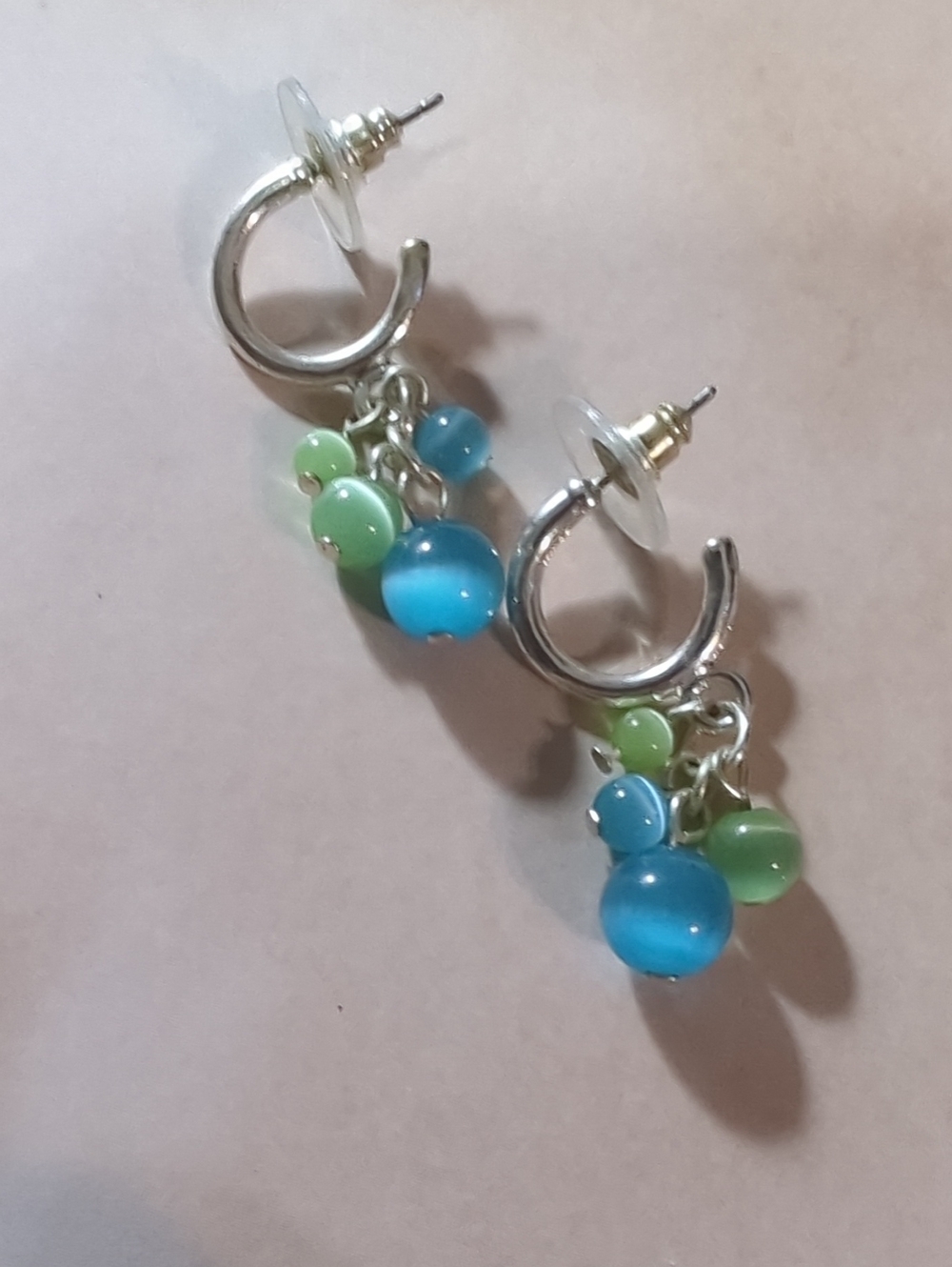 Silver Cats Eye Glass Dangle Post Earrings